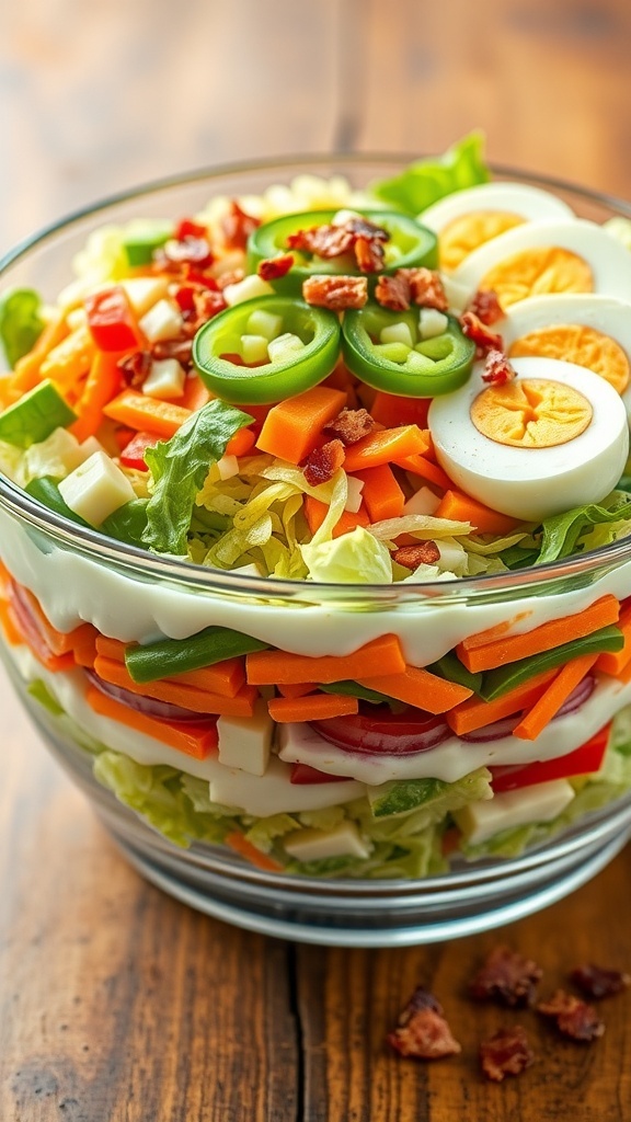 A colorful 7 layer salad in a glass bowl with lettuce, tomatoes, carrots, green peppers, cheese, and eggs.